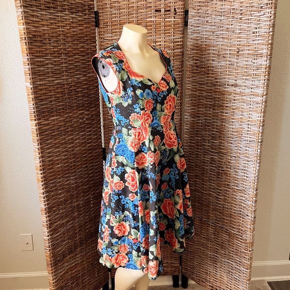 Lindy Bop Blue and Orange Floral Retro Silhouette Style Pin Up Fit & Flare Dress - Picture 4 of 10